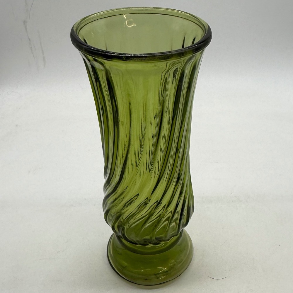 Inarco USA Olive Green Swirl Glass Trumpet Vase E-3442 Vintage MCM Decor